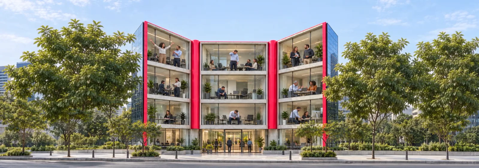 Imagem conceitual: um edifício se abre e revela diferentes experiências das pessoas no trabalho.